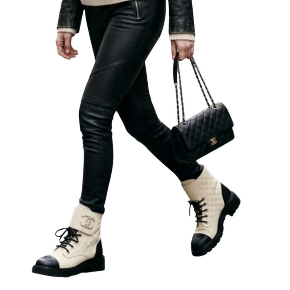 Chanel Goatskin Quilted Chain CC Cap Toe Lace Up Combat Boots Ivory Women's 37.5